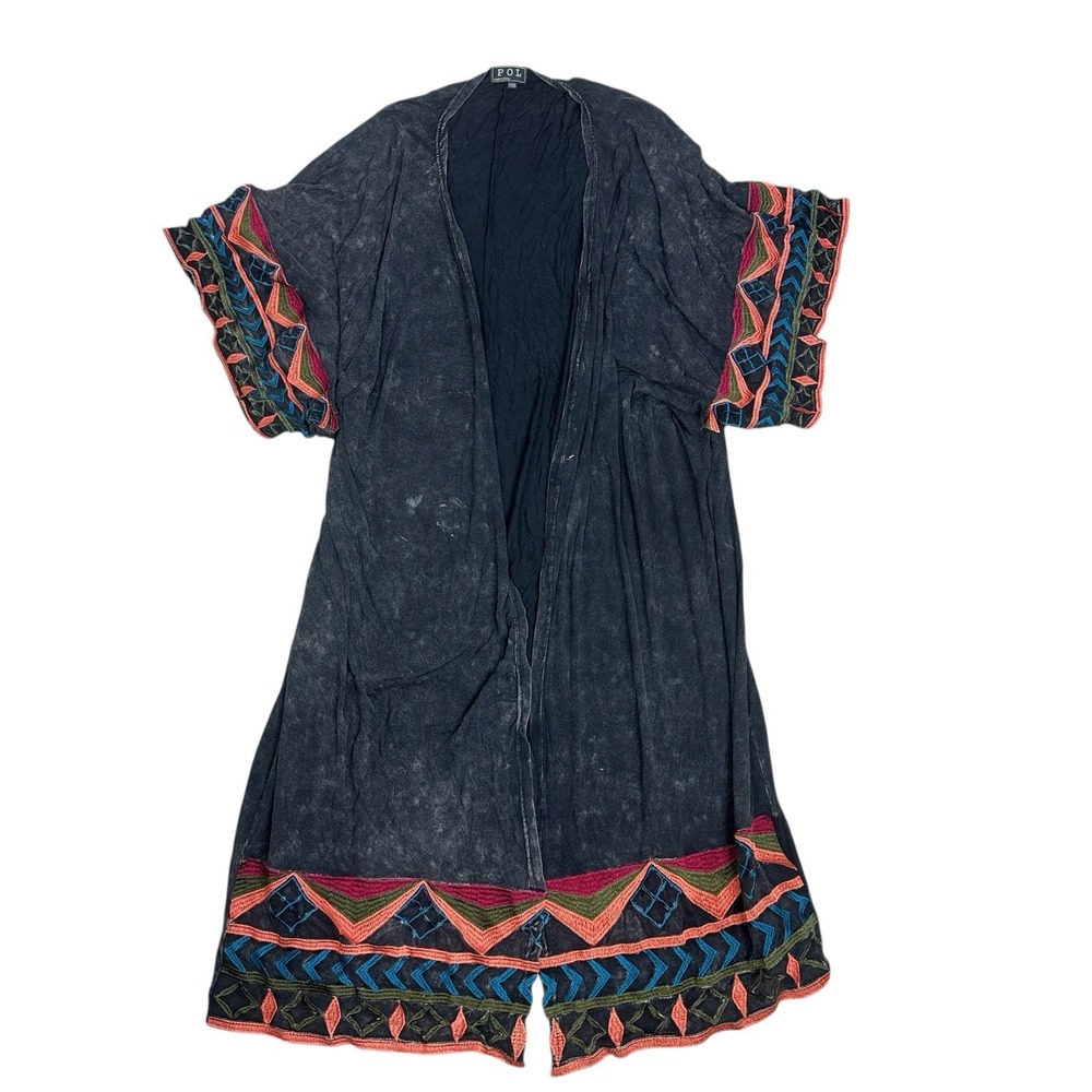 POL‎ Long Cardigan Duster Long Sleeve Embroidered Trim Colorful Aztec Boho West